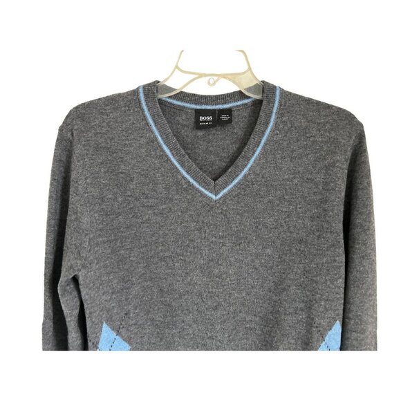 Hugo Boss Merino Wool V-Neck Gray Light Blue Argyle Small - Picture 4 of 11